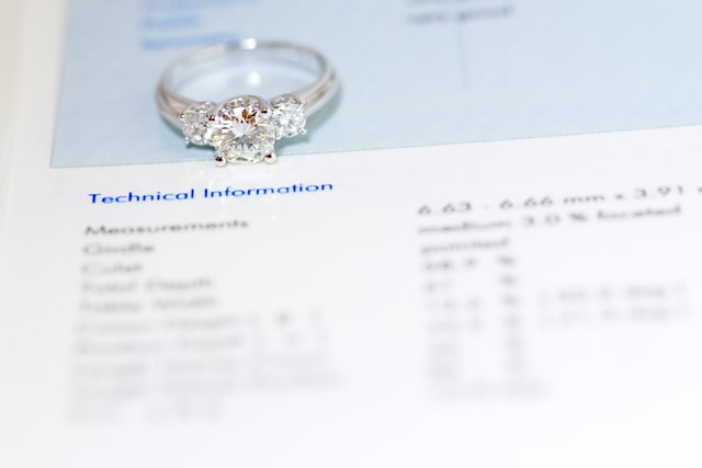 証明書の背景に女性のダイヤモンドリング